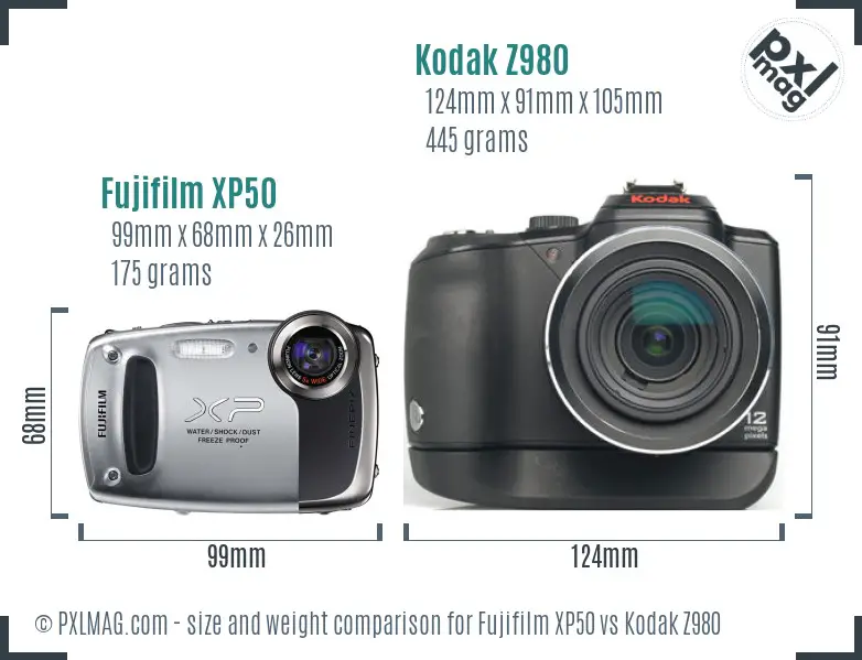 Fujifilm XP50 vs Kodak Z980 size comparison