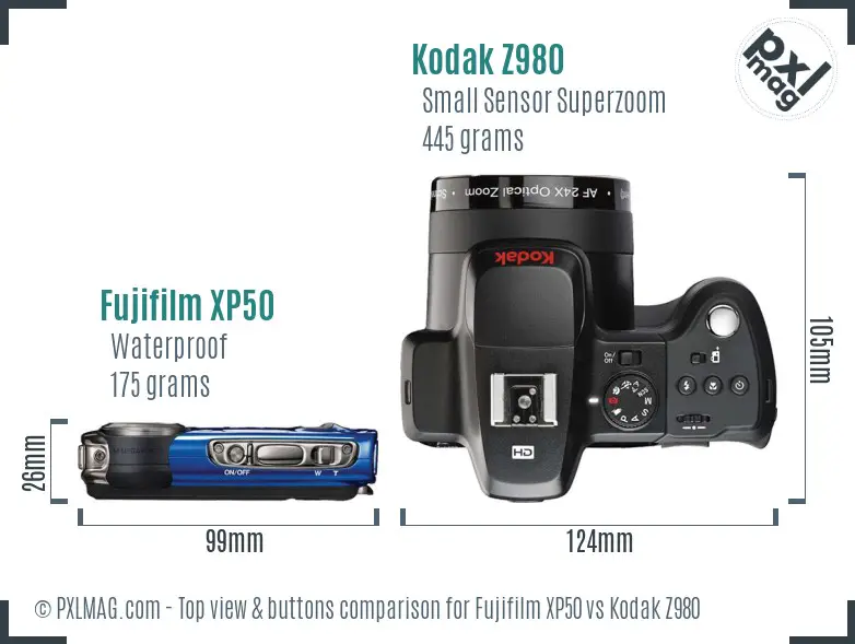 Fujifilm XP50 vs Kodak Z980 top view buttons comparison