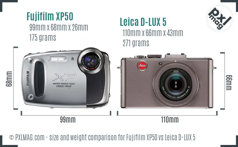 Fujifilm XP50 vs Leica D-LUX 5 size comparison