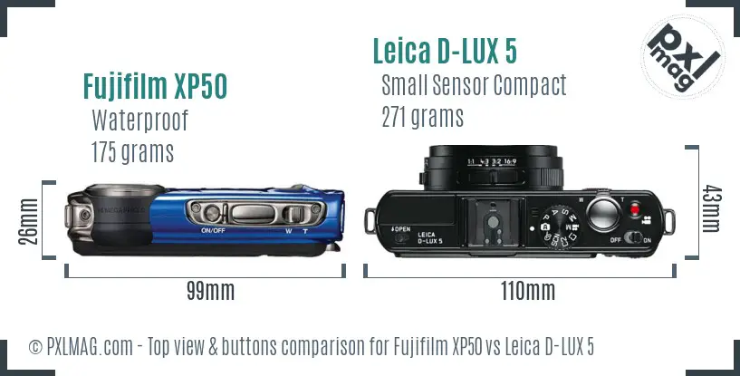 Fujifilm XP50 vs Leica D-LUX 5 top view buttons comparison