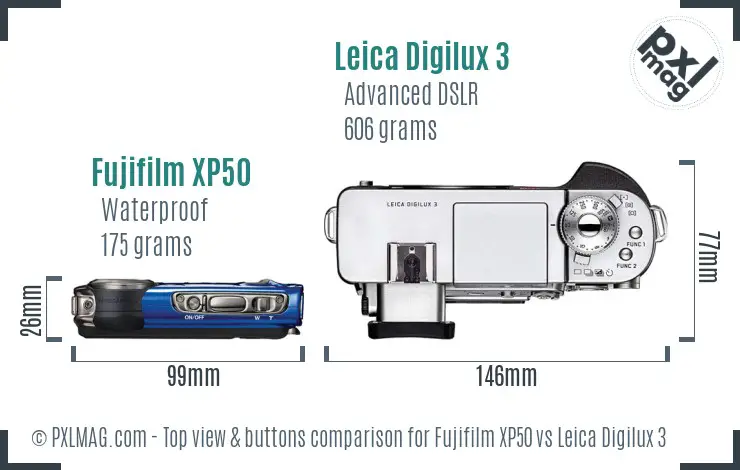 Fujifilm XP50 vs Leica Digilux 3 top view buttons comparison