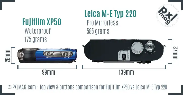 Fujifilm XP50 vs Leica M-E Typ 220 top view buttons comparison