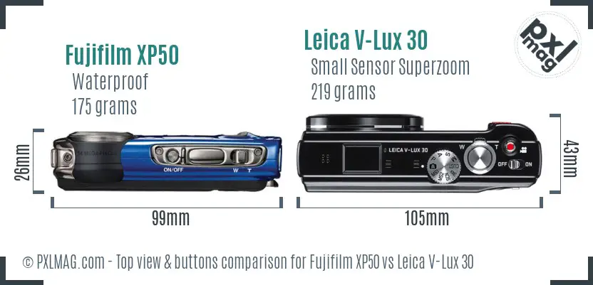 Fujifilm XP50 vs Leica V-Lux 30 top view buttons comparison Fujifilm XP50 vs Leica V-Lux 30 top view buttons comparison