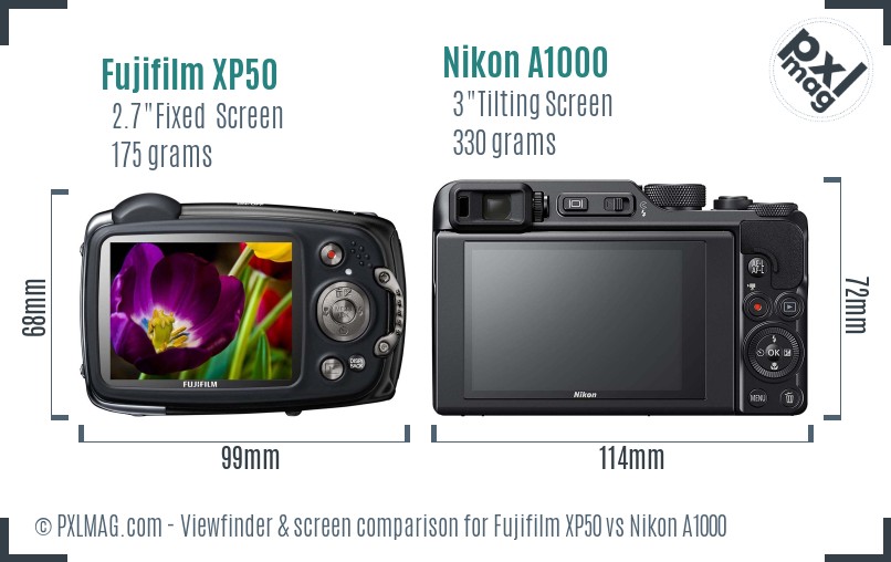 Fujifilm XP50 vs Nikon A1000 Screen and Viewfinder comparison