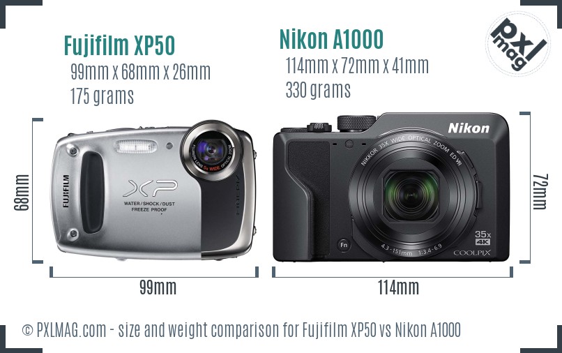 Fujifilm XP50 vs Nikon A1000 size comparison Fujifilm XP50 vs Nikon A1000 size comparison