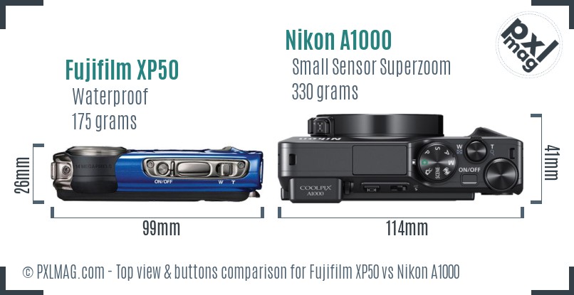 Fujifilm XP50 vs Nikon A1000 top view buttons comparison
