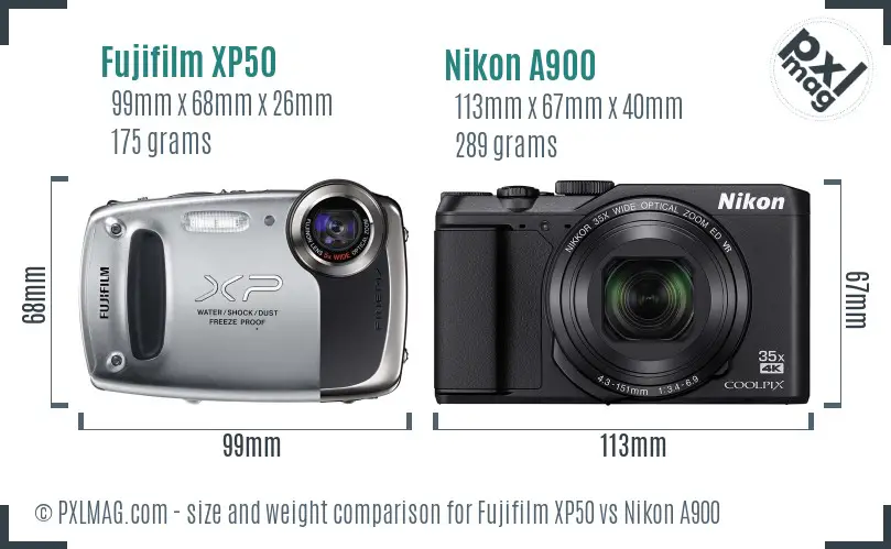 Fujifilm XP50 vs Nikon A900 size comparison