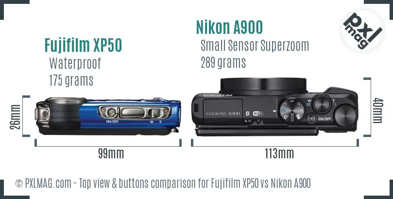 Fujifilm XP50 vs Nikon A900 top view buttons comparison