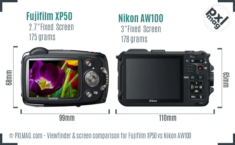 Fujifilm XP50 vs Nikon AW100 Screen and Viewfinder comparison