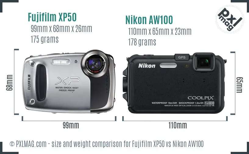 Fujifilm XP50 vs Nikon AW100 size comparison