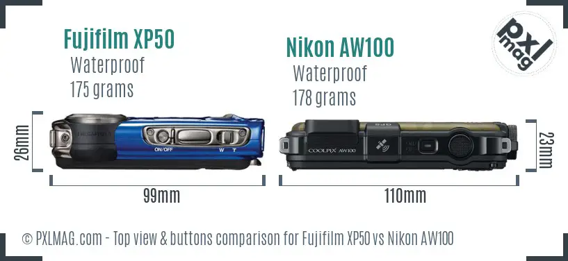 Fujifilm XP50 vs Nikon AW100 top view buttons comparison