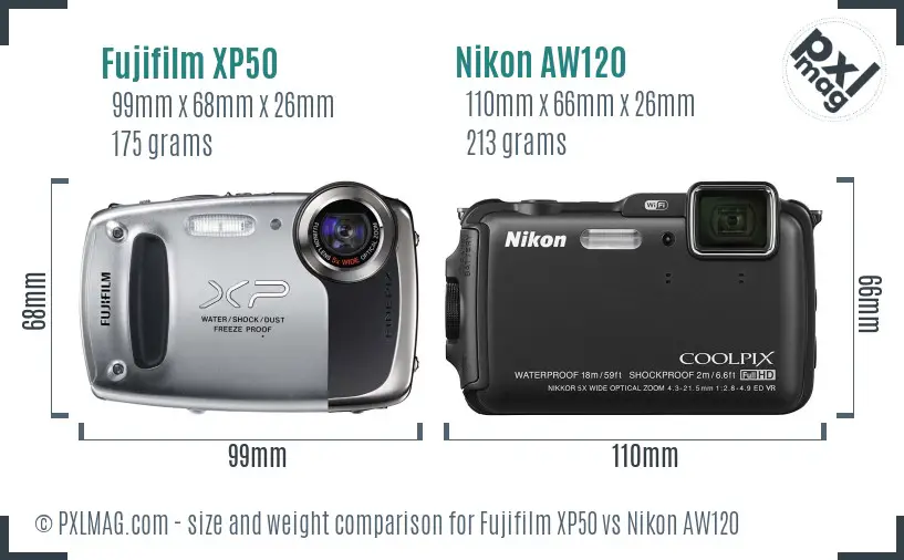 Fujifilm XP50 vs Nikon AW120 size comparison