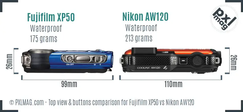 Fujifilm XP50 vs Nikon AW120 top view buttons comparison