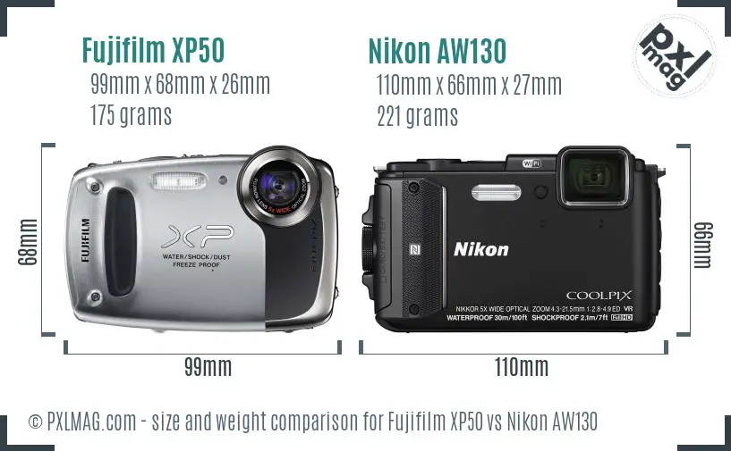 Fujifilm XP50 vs Nikon AW130 size comparison