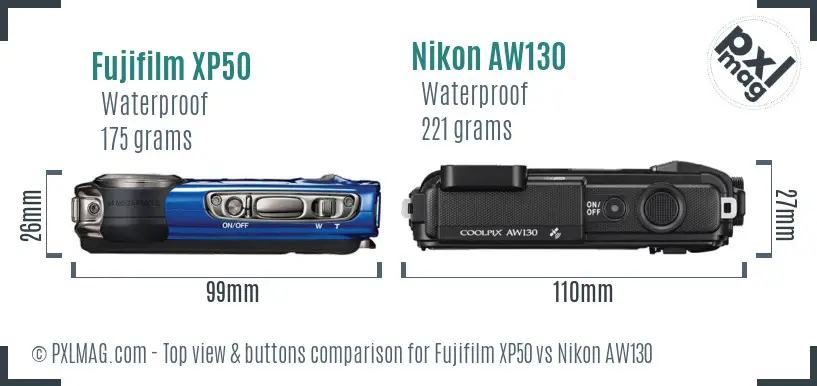 Fujifilm XP50 vs Nikon AW130 top view buttons comparison