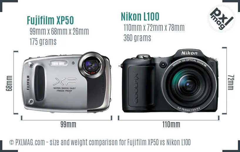 Fujifilm XP50 vs Nikon L100 size comparison