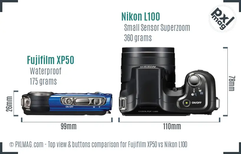 Fujifilm XP50 vs Nikon L100 top view buttons comparison