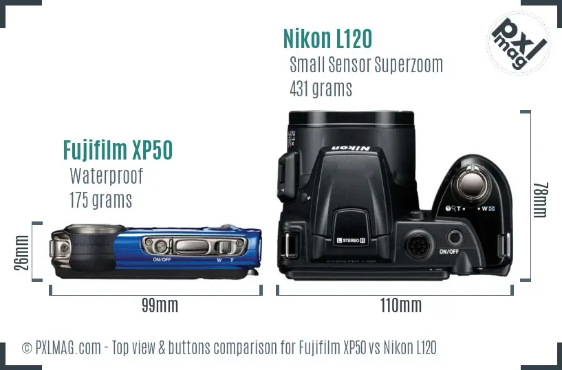 Fujifilm XP50 vs Nikon L120 top view buttons comparison