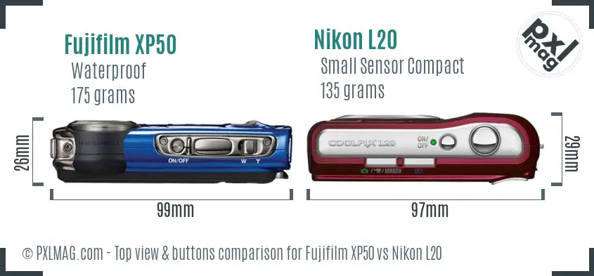 Fujifilm XP50 vs Nikon L20 top view buttons comparison Fujifilm XP50 vs Nikon L20 top view buttons comparison