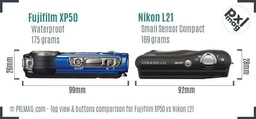 Fujifilm XP50 vs Nikon L21 top view buttons comparison