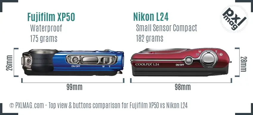 Fujifilm XP50 vs Nikon L24 top view buttons comparison Fujifilm XP50 vs Nikon L24 top view buttons comparison