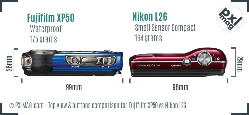 Fujifilm XP50 vs Nikon L26 top view buttons comparison