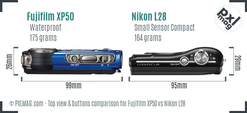 Fujifilm XP50 vs Nikon L28 top view buttons comparison