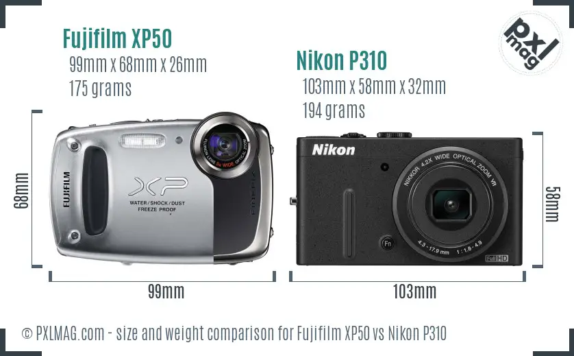 Fujifilm XP50 vs Nikon P310 size comparison