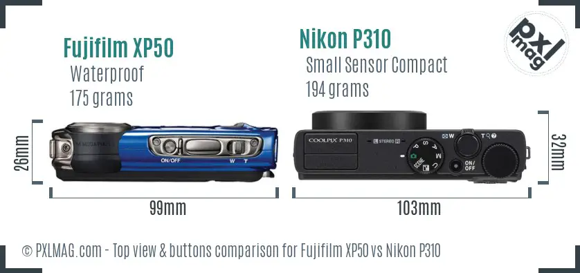 Fujifilm XP50 vs Nikon P310 top view buttons comparison