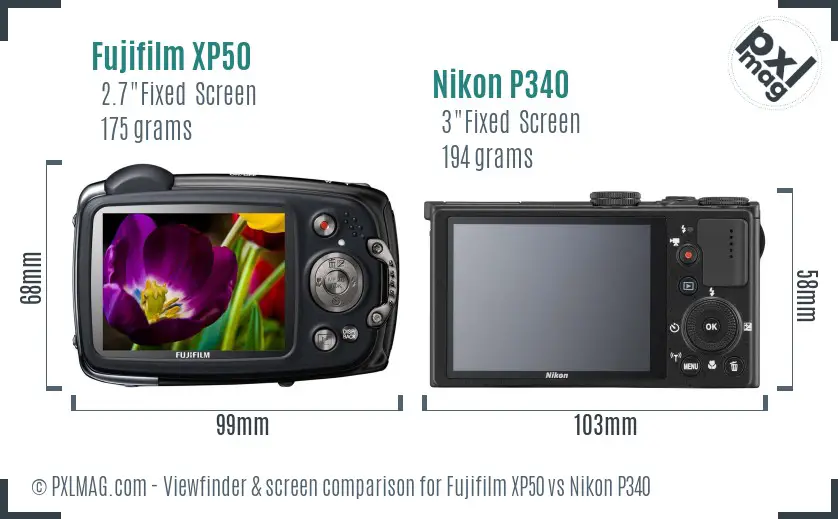 Fujifilm XP50 vs Nikon P340 Screen and Viewfinder comparison