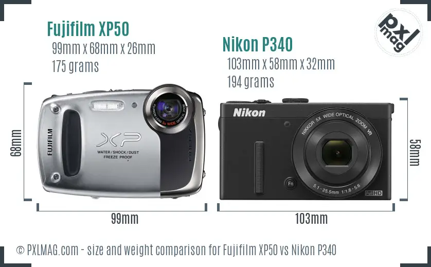 Fujifilm XP50 vs Nikon P340 size comparison