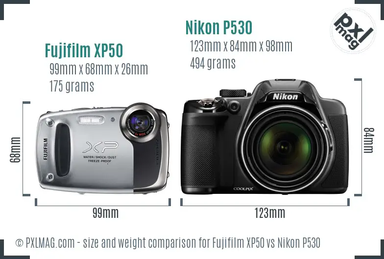 Fujifilm XP50 vs Nikon P530 size comparison