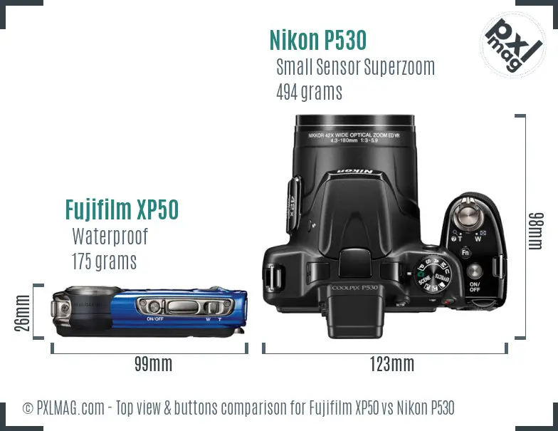 Fujifilm XP50 vs Nikon P530 top view buttons comparison