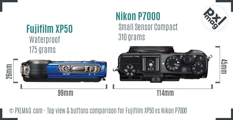 Fujifilm XP50 vs Nikon P7000 top view buttons comparison Fujifilm XP50 vs Nikon P7000 top view buttons comparison