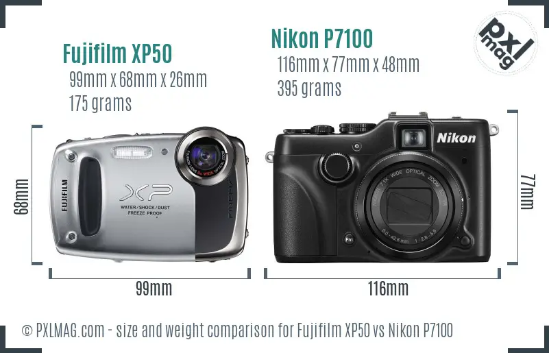Fujifilm XP50 vs Nikon P7100 size comparison