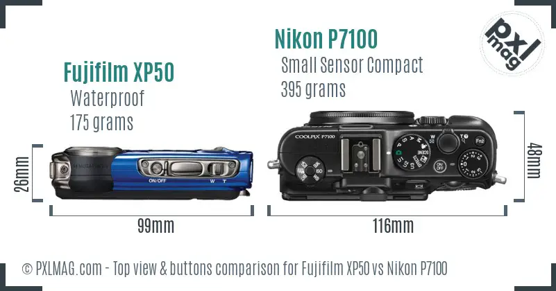 Fujifilm XP50 vs Nikon P7100 top view buttons comparison