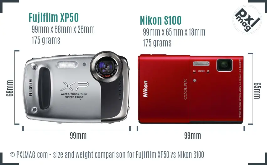 Fujifilm XP50 vs Nikon S100 size comparison