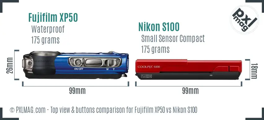 Fujifilm XP50 vs Nikon S100 top view buttons comparison