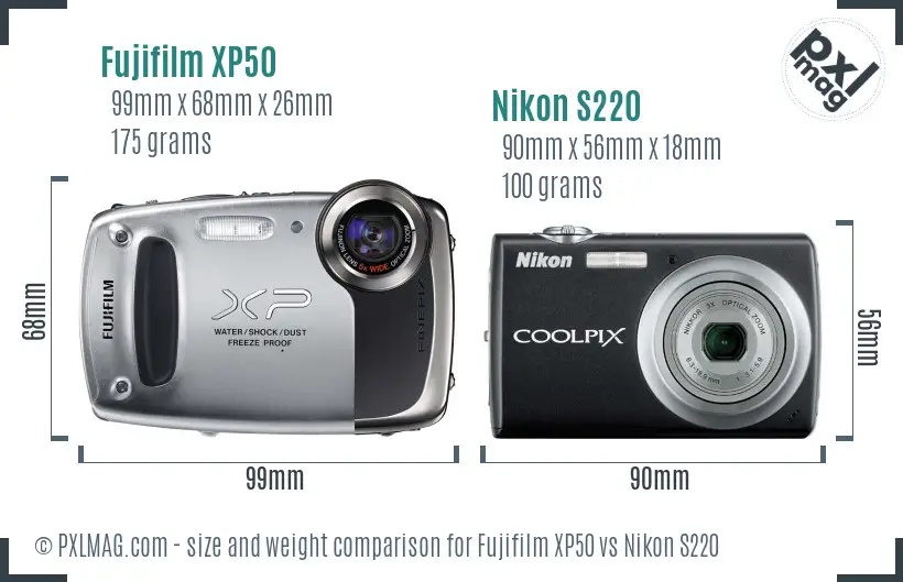 Fujifilm XP50 vs Nikon S220 size comparison