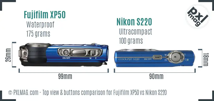 Fujifilm XP50 vs Nikon S220 top view buttons comparison