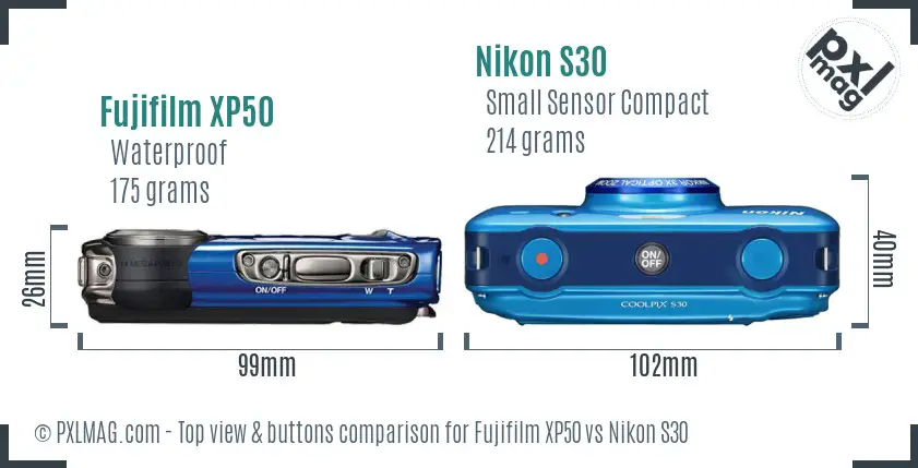 Fujifilm XP50 vs Nikon S30 top view buttons comparison Fujifilm XP50 vs Nikon S30 top view buttons comparison
