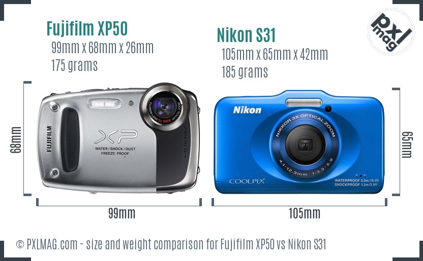 Fujifilm XP50 vs Nikon S31 size comparison