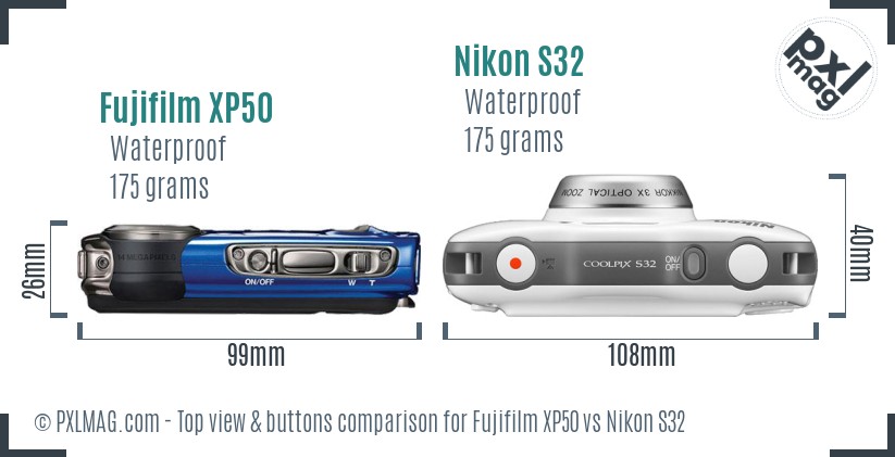 Fujifilm XP50 vs Nikon S32 top view buttons comparison