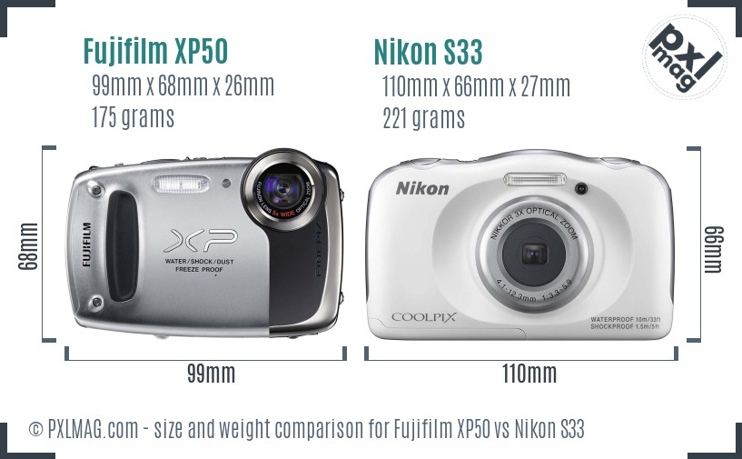 Fujifilm XP50 vs Nikon S33 size comparison