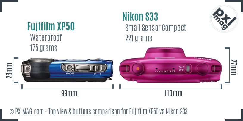Fujifilm XP50 vs Nikon S33 top view buttons comparison
