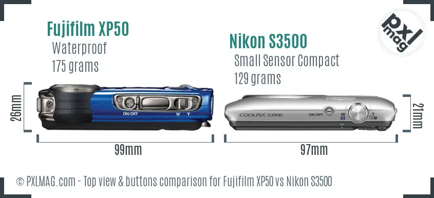 Fujifilm XP50 vs Nikon S3500 top view buttons comparison
