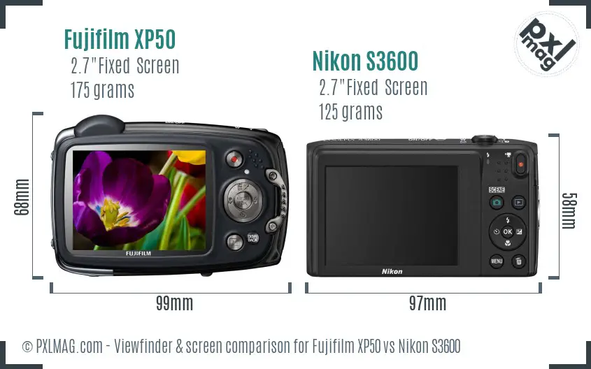 Fujifilm XP50 vs Nikon S3600 Screen and Viewfinder comparison