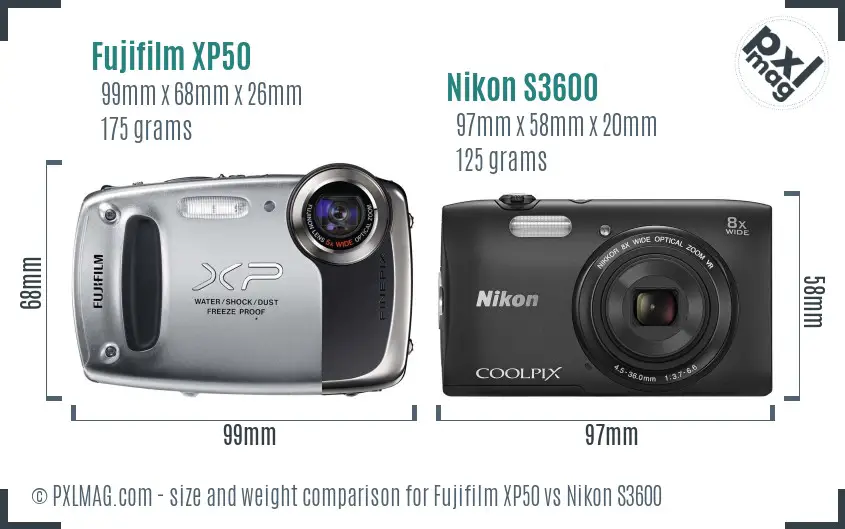 Fujifilm XP50 vs Nikon S3600 size comparison