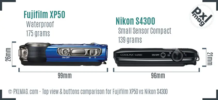 Fujifilm XP50 vs Nikon S4300 top view buttons comparison Fujifilm XP50 vs Nikon S4300 top view buttons comparison