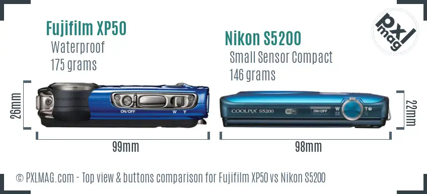 Fujifilm XP50 vs Nikon S5200 top view buttons comparison Fujifilm XP50 vs Nikon S5200 top view buttons comparison